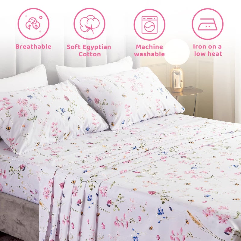 QSH Floral Bed Sheets Set King Size - Shabby Flower Bee Print Bed Sheet Set - Extra Soft and Breathable 100% Egyptian Cotton - 4 pcs King Size Sheets with Deep Pockets Flower Bed Sheets - Image 2